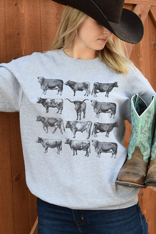 Gray Bull Graphic Print Western Style Long Sleeve Sweatshirt