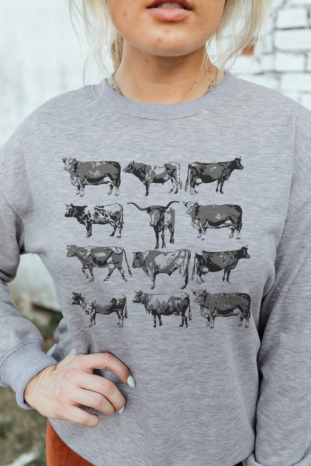 Gray Bull Graphic Print Western Style Long Sleeve Sweatshirt