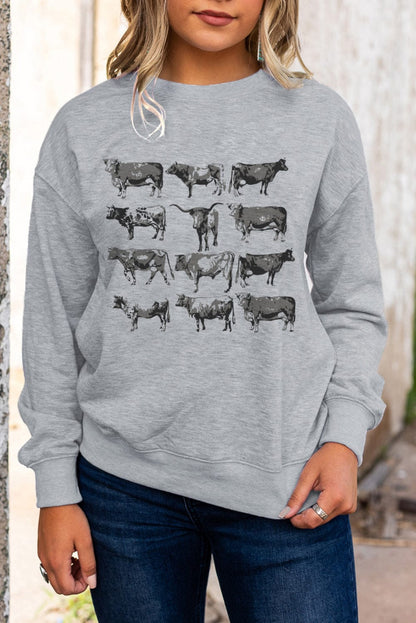 Gray Bull Graphic Print Western Style Long Sleeve Sweatshirt