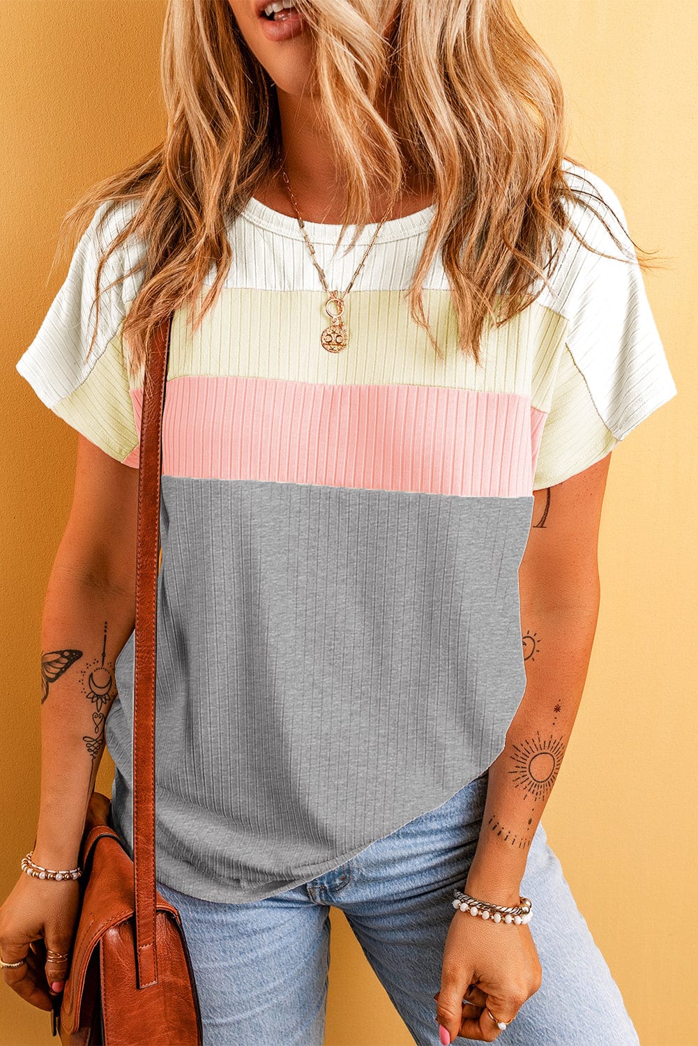 Gray Color Block Ribbed Patchwork Tee