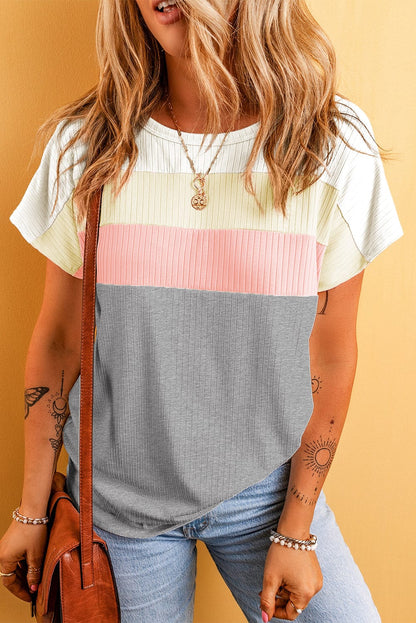 Gray Color Block Ribbed Patchwork Tee