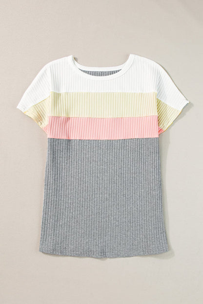 Gray Color Block Ribbed Patchwork Tee