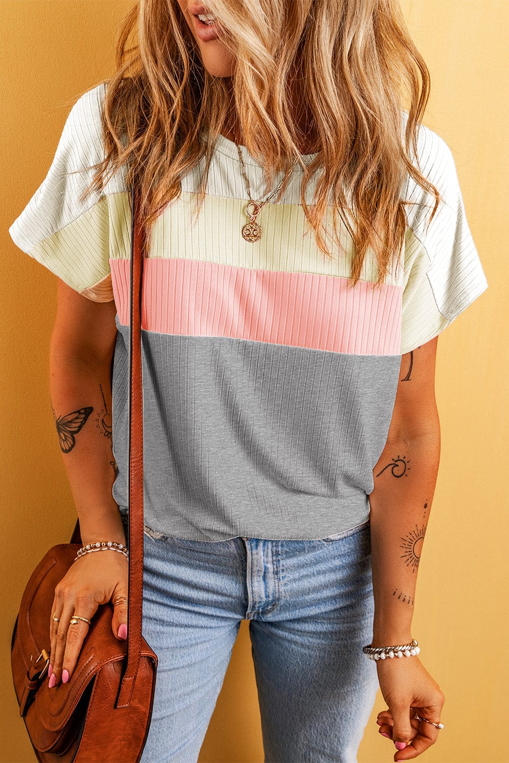 Gray Color Block Ribbed Patchwork Tee