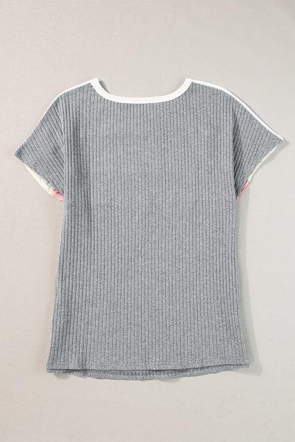 Gray Color Block Ribbed Patchwork Tee