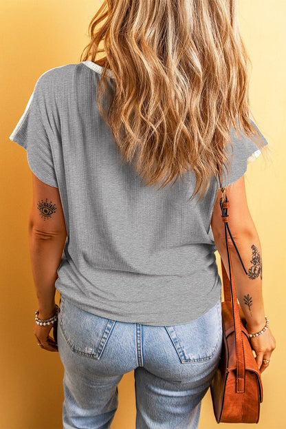 Gray Color Block Ribbed Patchwork Tee
