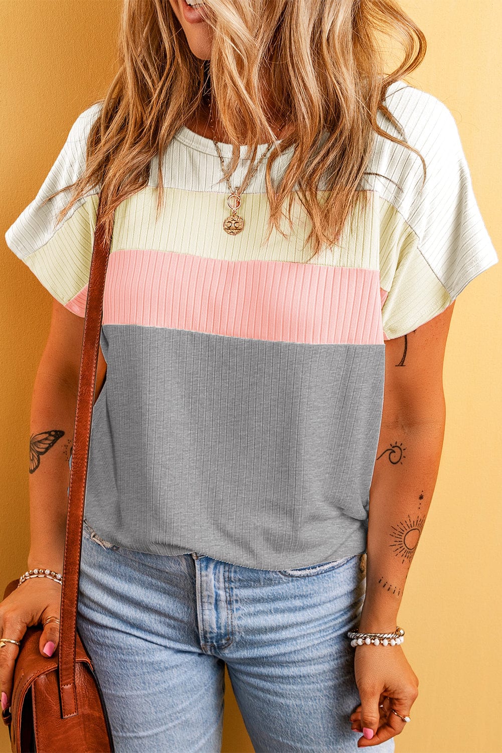 Gray Color Block Ribbed Patchwork Tee