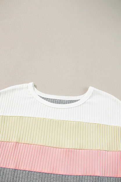 Gray Color Block Ribbed Patchwork Tee