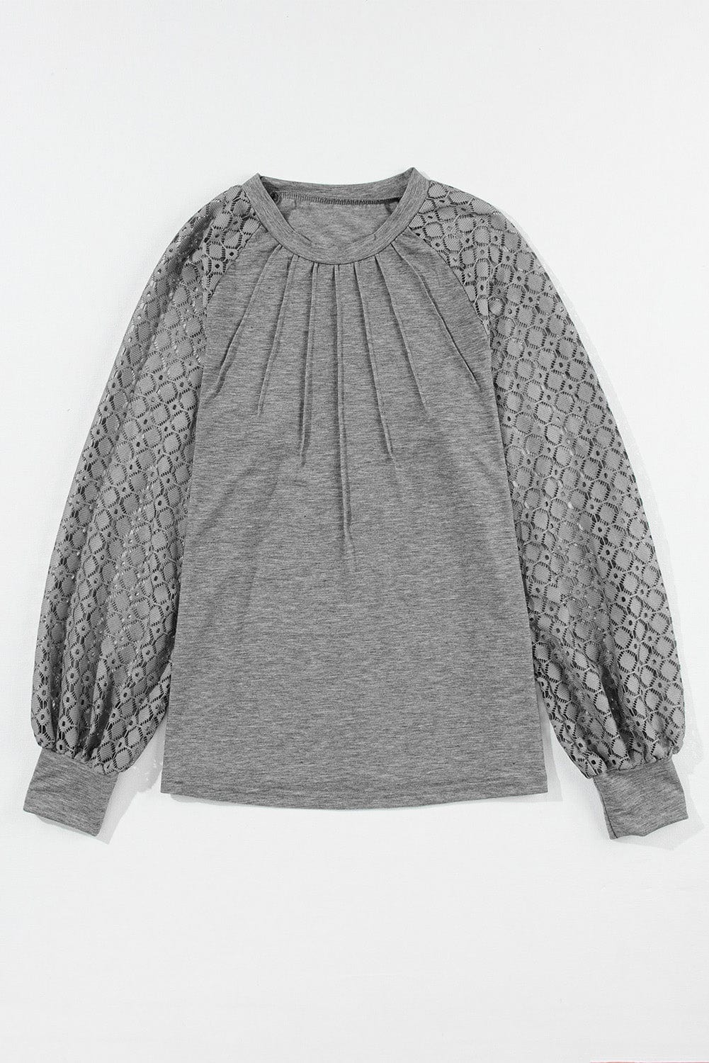 Gray Contrast Lace Raglan Sleeve Plicated Knit Top - Feminine and Graceful Shift Silhouette Blouse