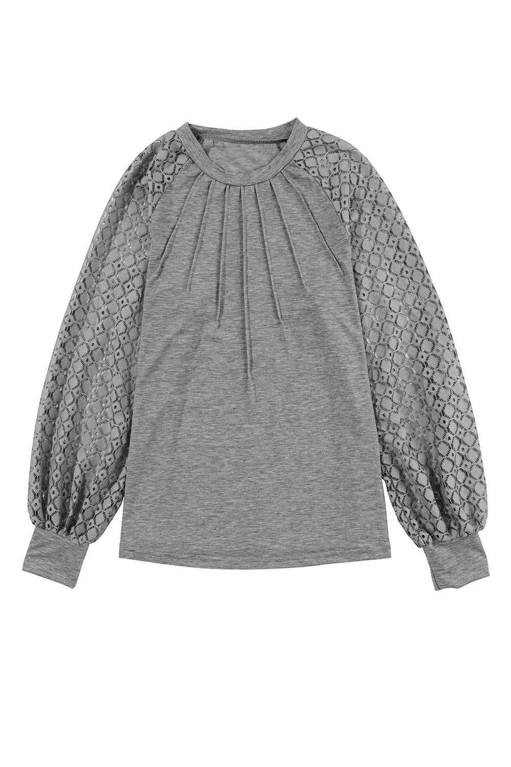 Gray Contrast Lace Raglan Sleeve Plicated Knit Top - Feminine and Graceful Shift Silhouette Blouse