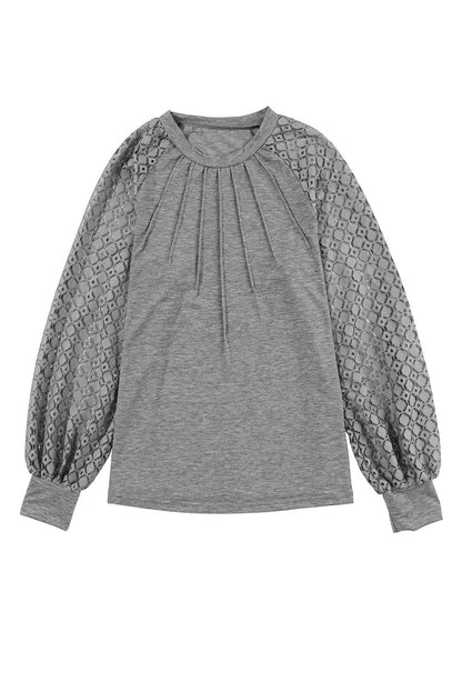 Gray Contrast Lace Raglan Sleeve Plicated Knit Top - Feminine and Graceful Shift Silhouette Blouse