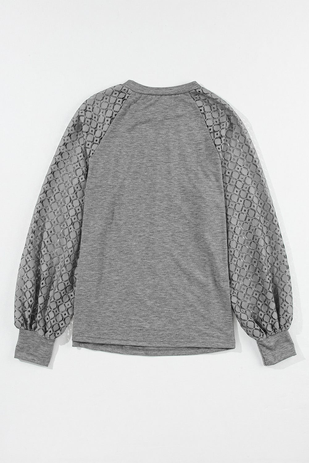 Gray Contrast Lace Raglan Sleeve Plicated Knit Top - Feminine and Graceful Shift Silhouette Blouse