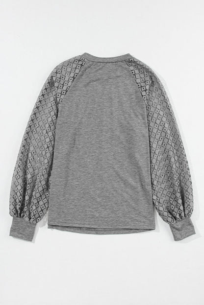Gray Contrast Lace Raglan Sleeve Plicated Knit Top - Feminine and Graceful Shift Silhouette Blouse