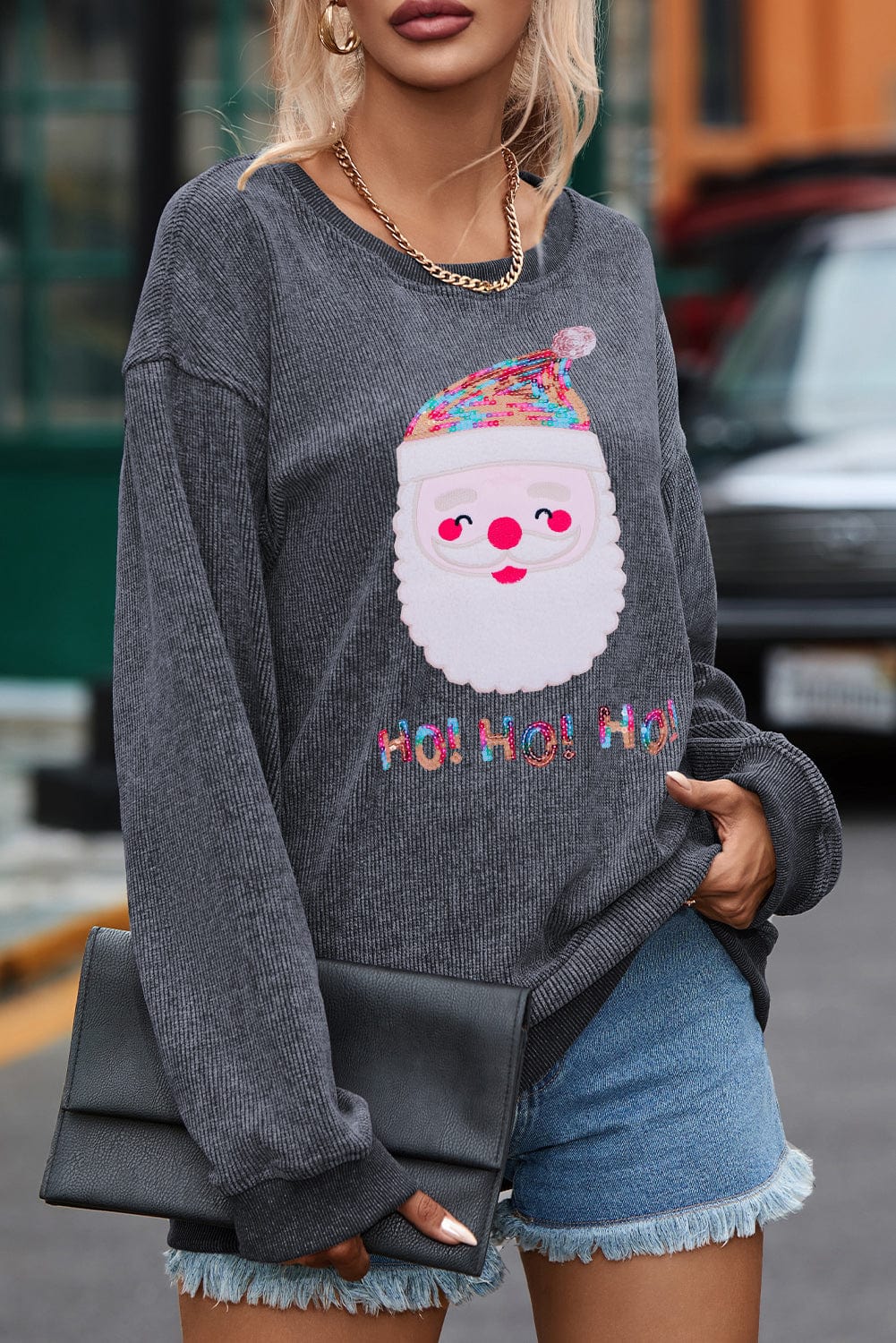 Gray Corduroy Santa Claus Sequin Graphic Sweatshirt