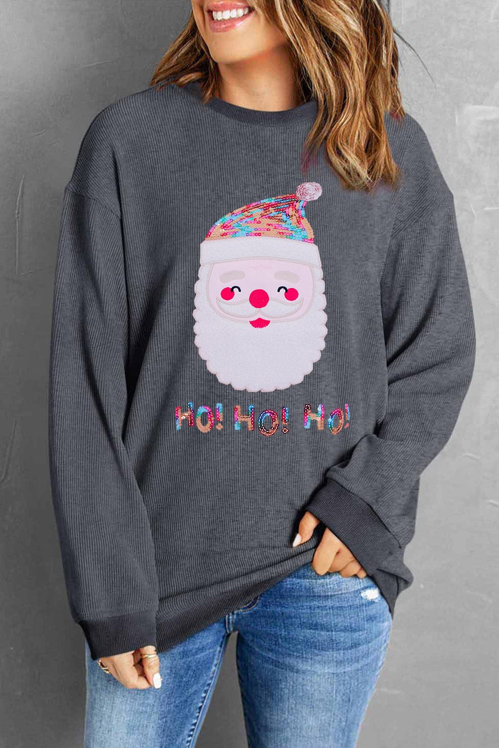 Gray Corduroy Santa Claus Sequin Graphic Sweatshirt