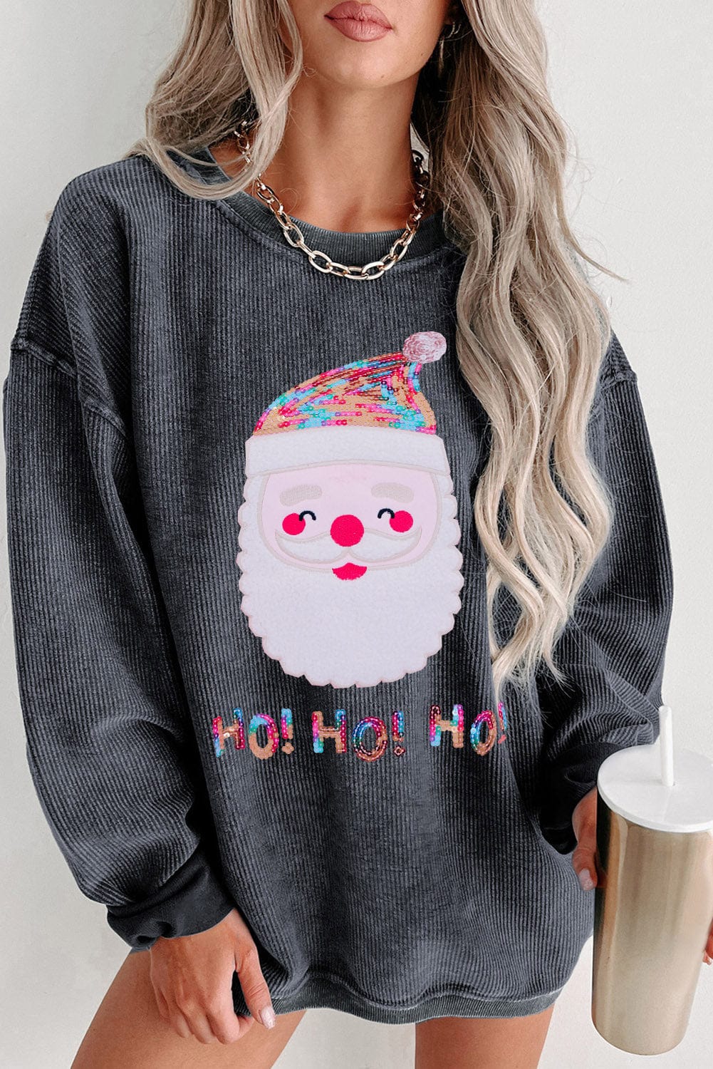 Gray Corduroy Santa Claus Sequin Graphic Sweatshirt