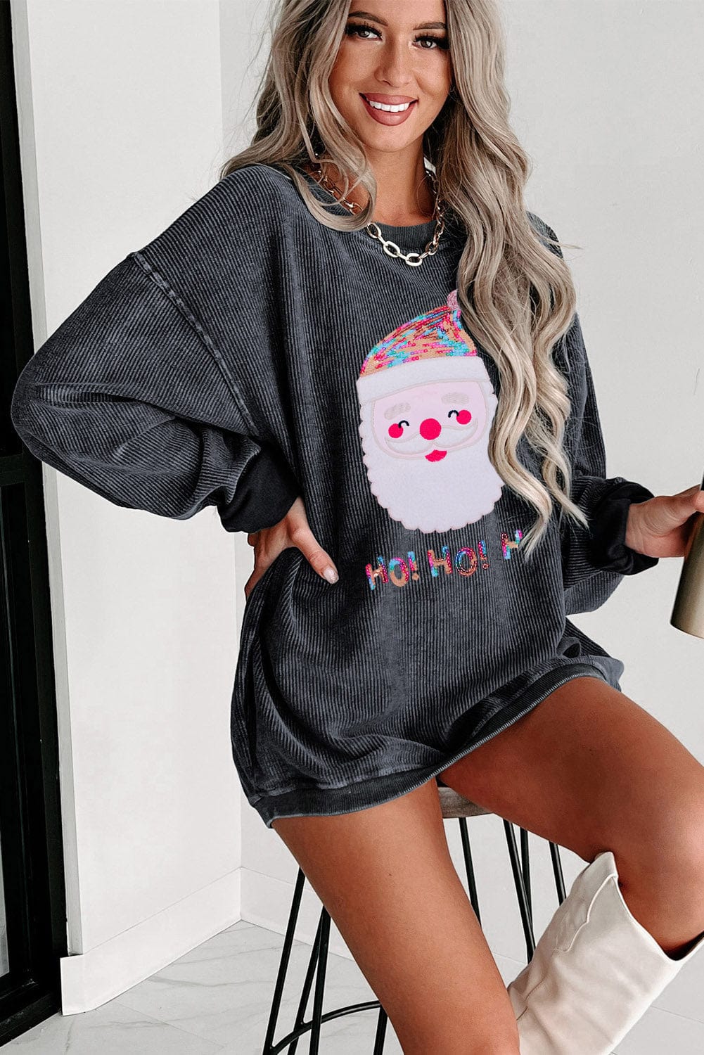 Gray Corduroy Santa Claus Sequin Graphic Sweatshirt