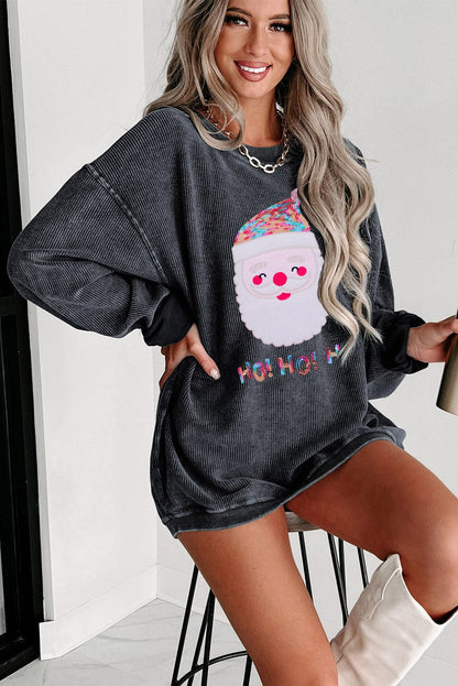 Gray Corduroy Santa Claus Sequin Graphic Sweatshirt