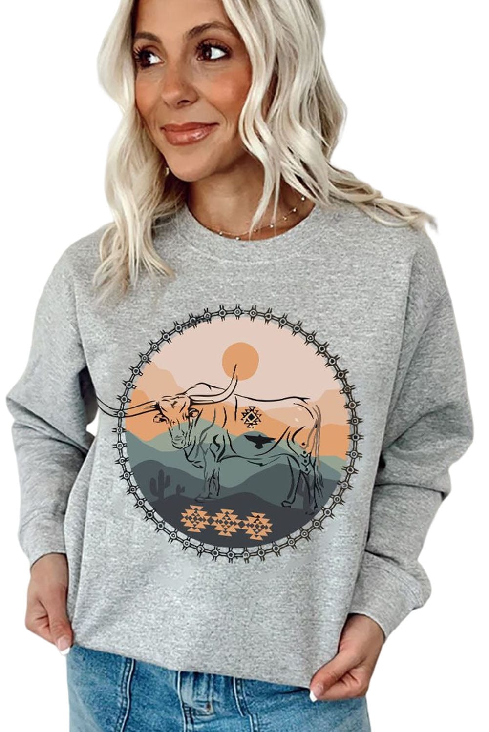 Gray Cow Print Western Graphic Sweatshirt with Landscape Detail