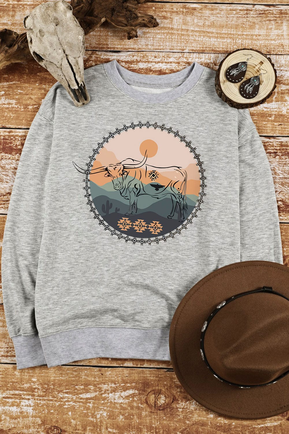 Gray Cow Print Western Graphic Sweatshirt with Landscape Detail