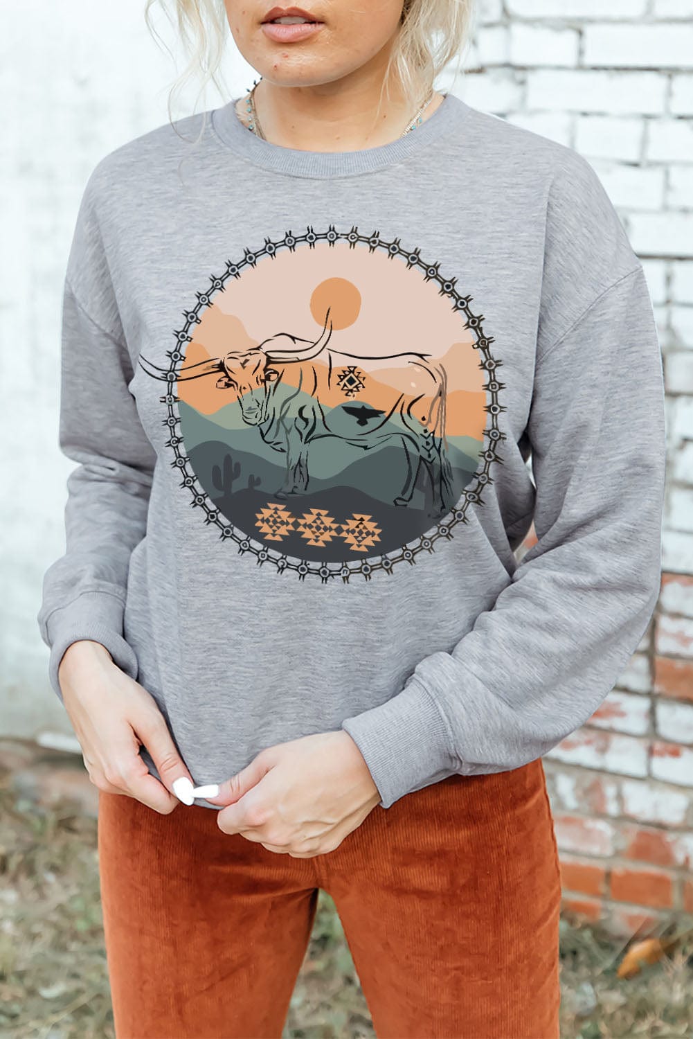 Gray Cow Print Western Graphic Sweatshirt with Landscape Detail