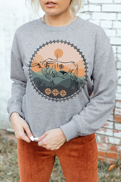 Gray Cow Print Western Graphic Sweatshirt with Landscape Detail