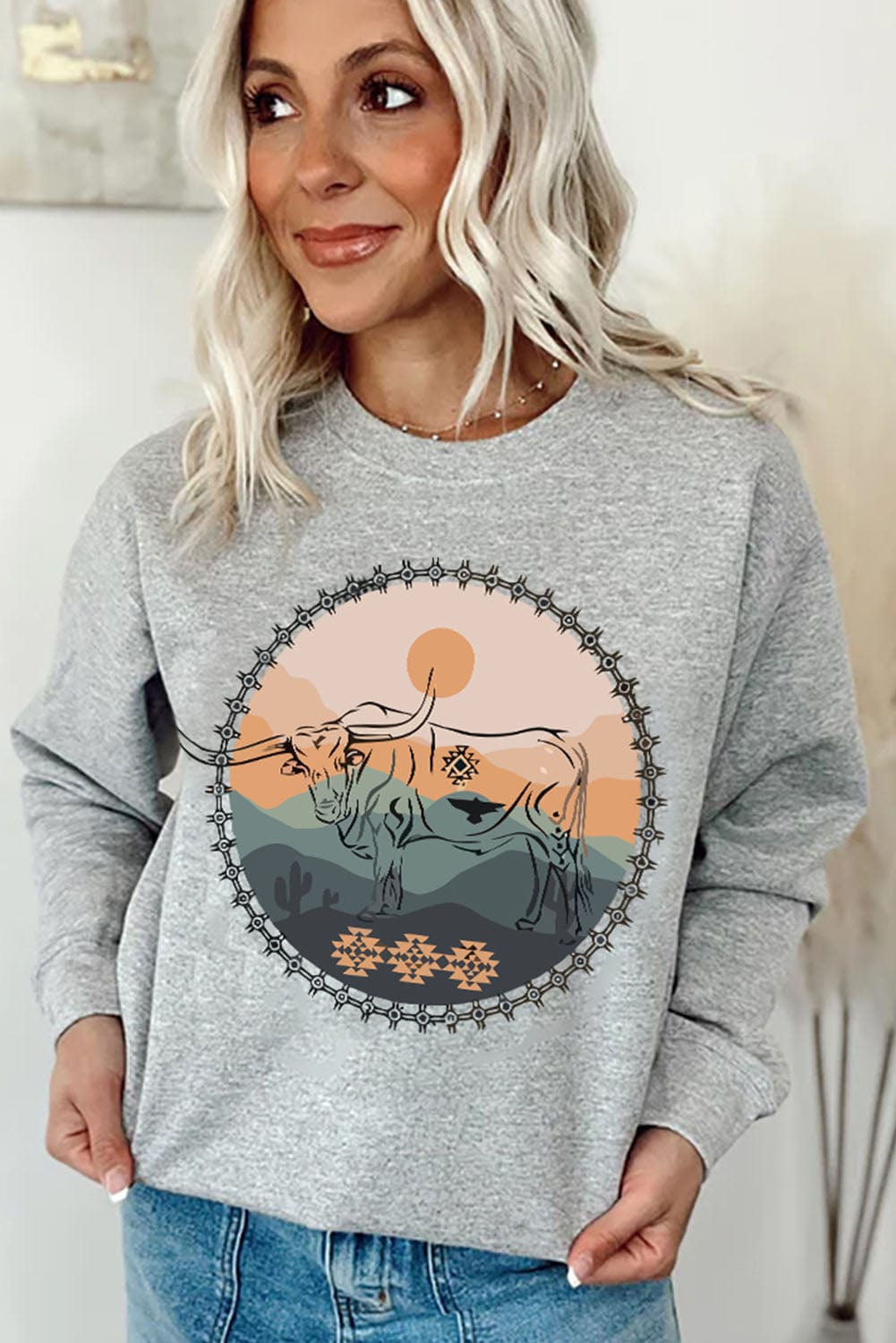 Gray Cow Print Western Graphic Sweatshirt with Landscape Detail