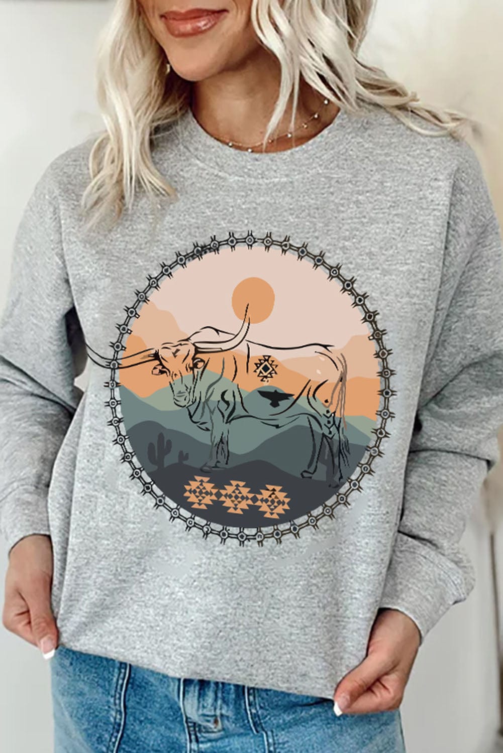 Gray Cow Print Western Graphic Sweatshirt with Landscape Detail