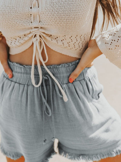 Gray Drawstring Frayed Edge Pocketed Shorts