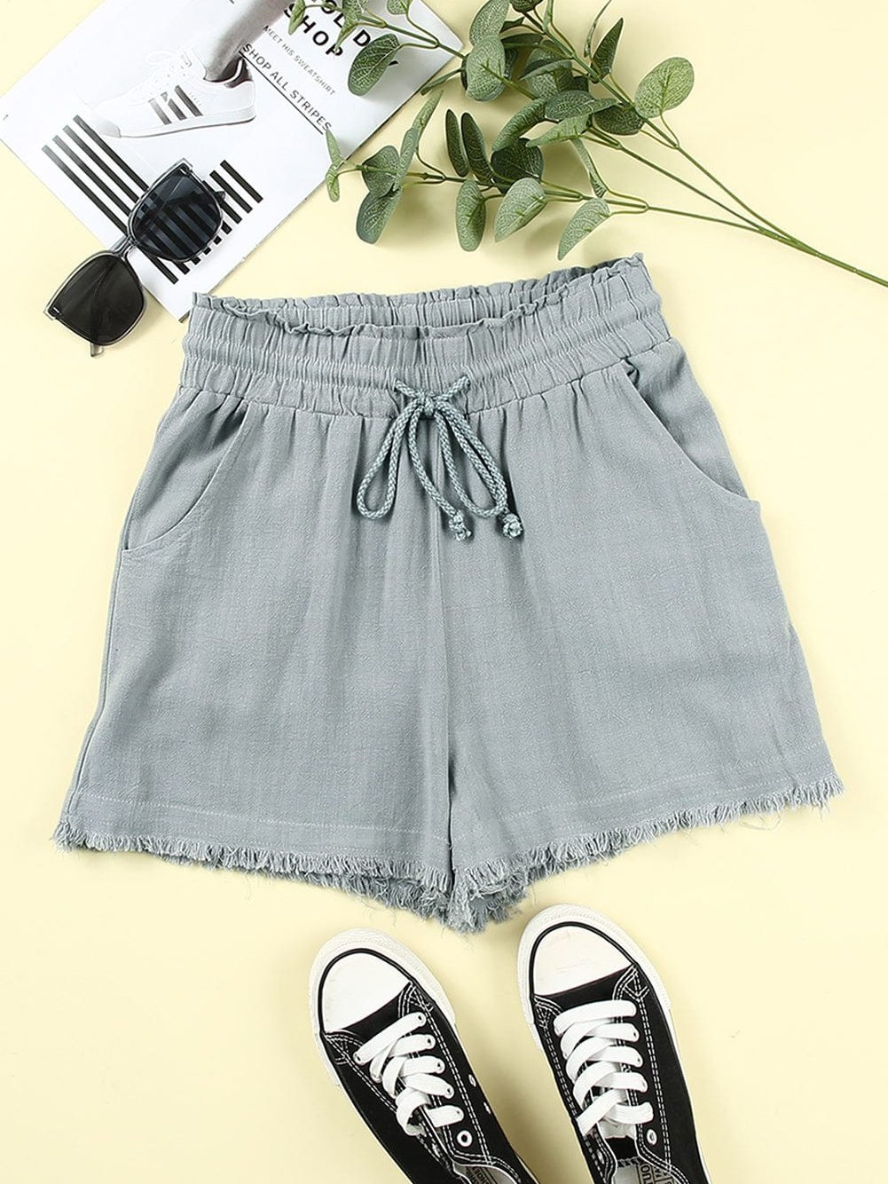 Gray Drawstring Frayed Edge Pocketed Shorts