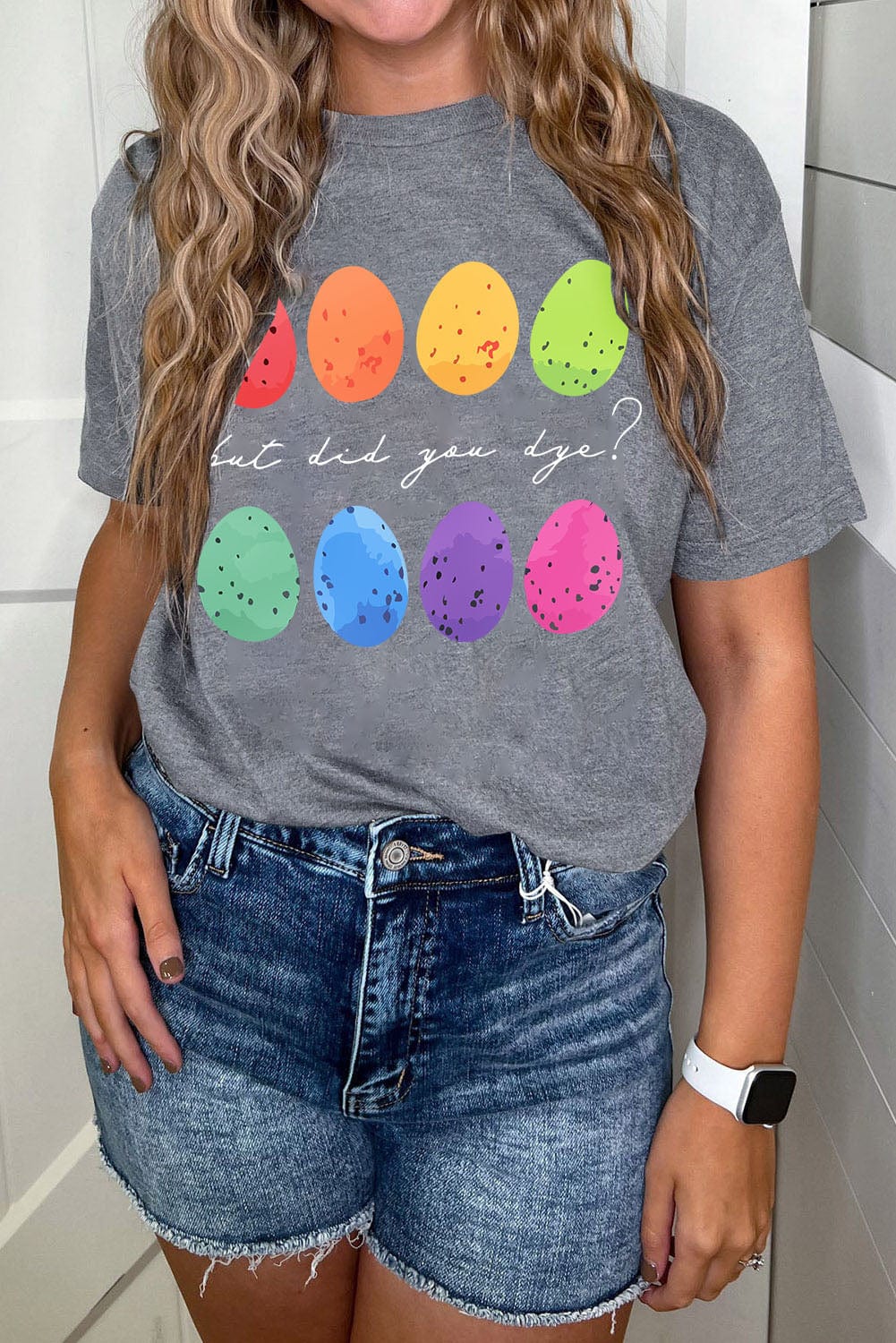 Gray Easter Eggs Graphic Print Tee with Crew Neck