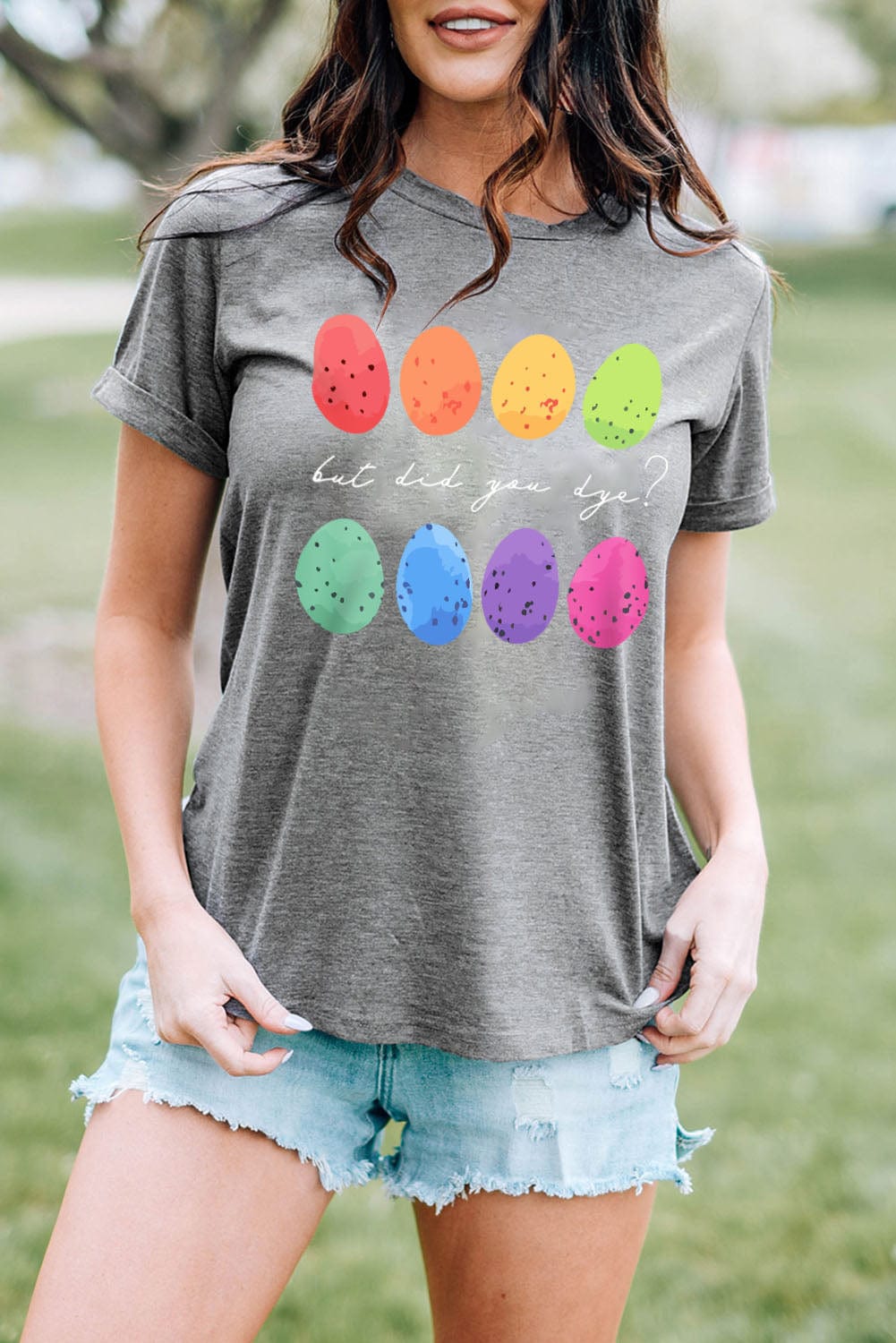Gray Easter Eggs Graphic Print Tee with Crew Neck