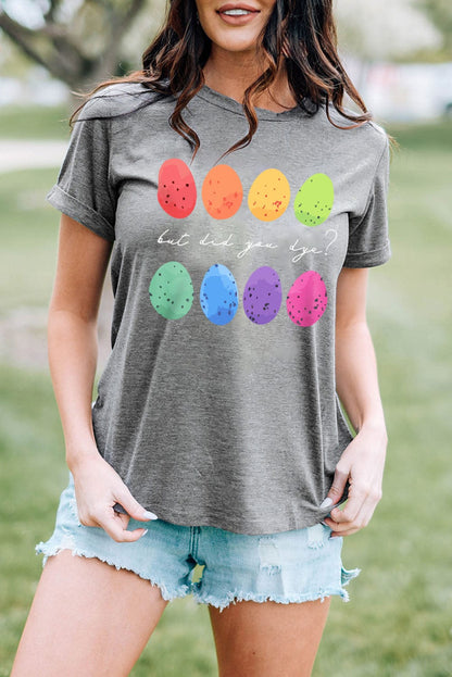 Gray Easter Eggs Graphic Print Tee with Crew Neck