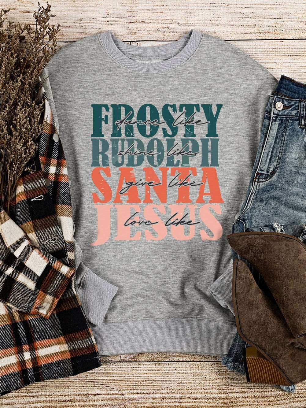 Gray Festive Holiday Letter Print Long Sleeve Sweatshirt