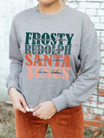 Gray Festive Holiday Letter Print Long Sleeve Sweatshirt