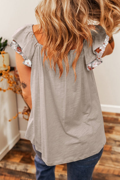 Gray Floral Ruffle Sleeve Square Neck Blouse - Chic Summer Style