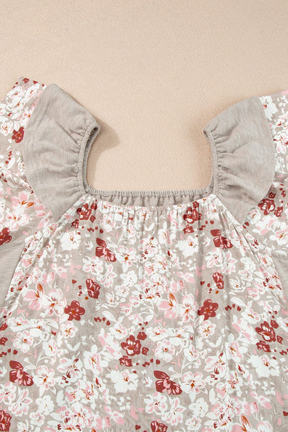 Gray Floral Ruffle Sleeve Square Neck Blouse - Chic Summer Style