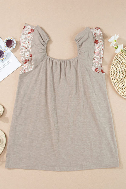 Gray Floral Ruffle Sleeve Square Neck Blouse - Chic Summer Style