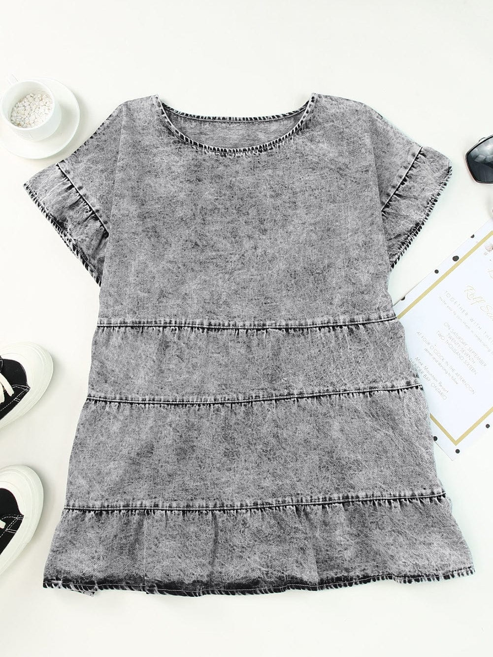 Gray Flutter Sleeve Denim Blouse