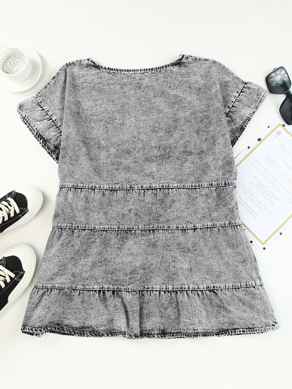 Gray Flutter Sleeve Denim Blouse