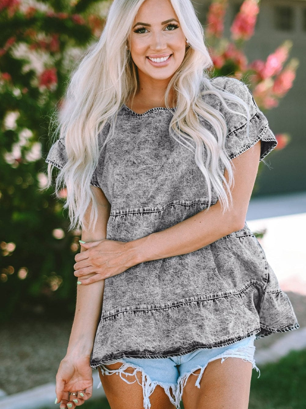 Gray Flutter Sleeve Denim Blouse