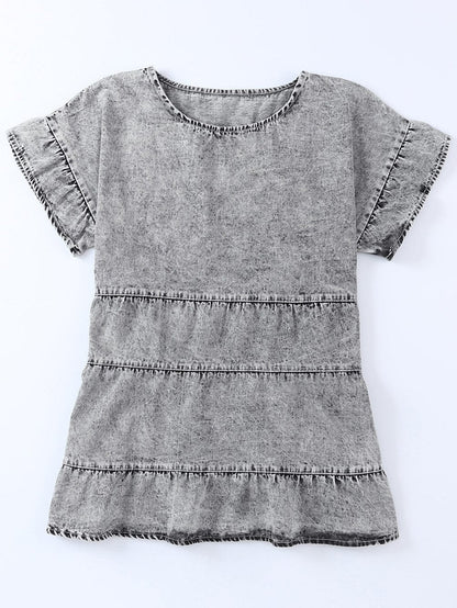 Gray Flutter Sleeve Denim Blouse