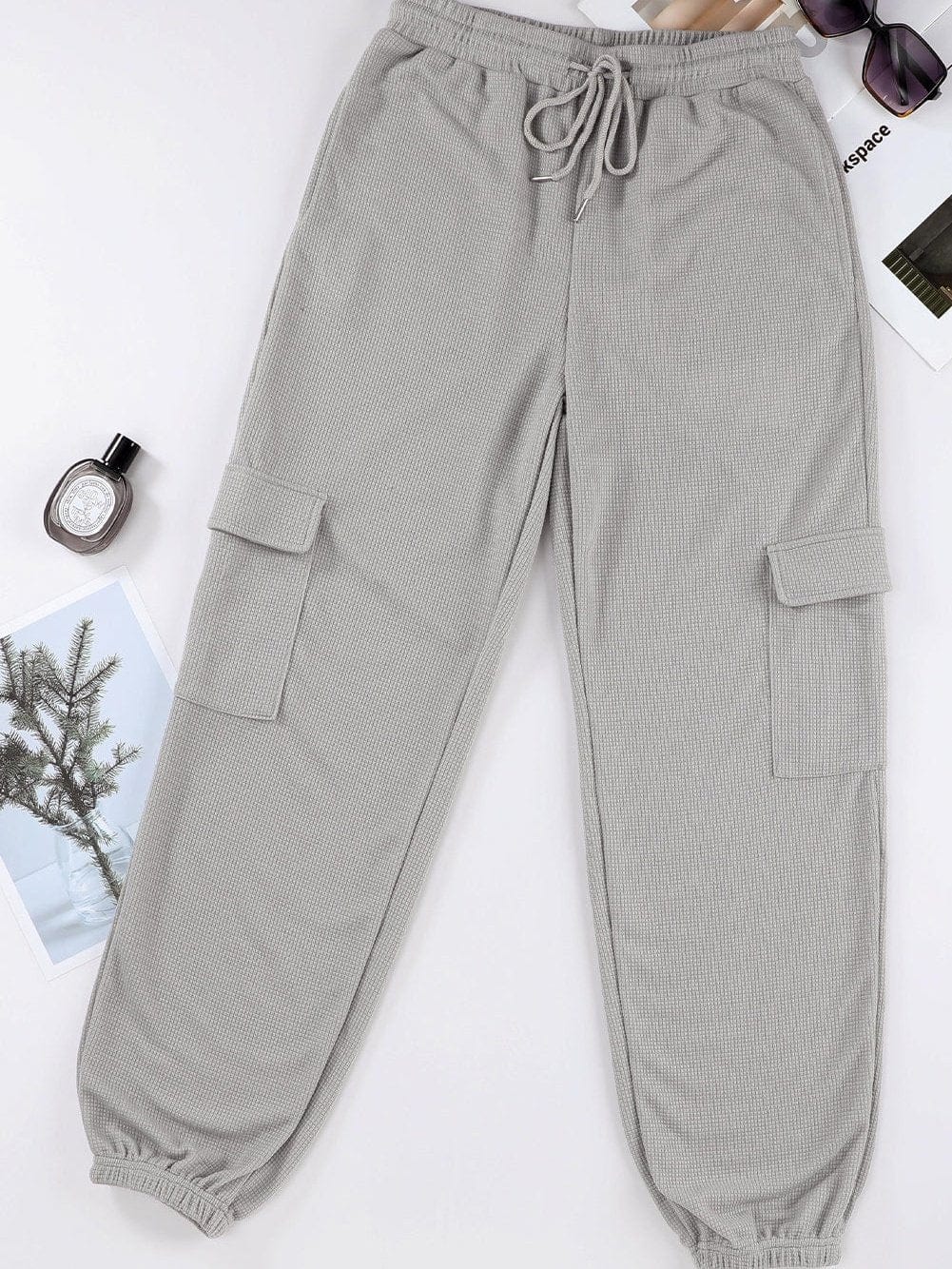 Gray Knit Cargo Pocket Jogger Pants with Waffle Texture