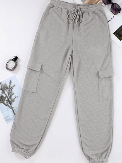 Gray Knit Cargo Pocket Jogger Pants with Waffle Texture