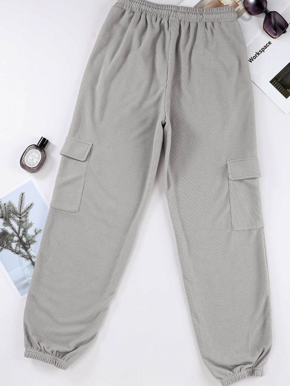 Gray Knit Cargo Pocket Jogger Pants with Waffle Texture