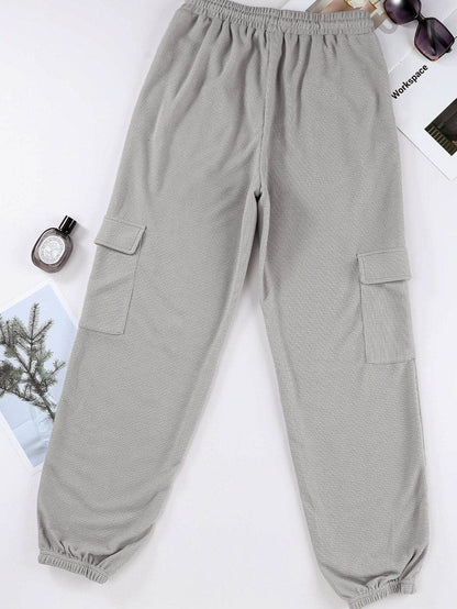 Gray Knit Cargo Pocket Jogger Pants with Waffle Texture