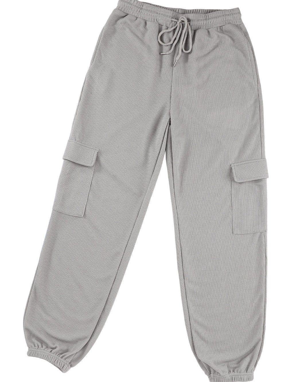 Gray Knit Cargo Pocket Jogger Pants with Waffle Texture