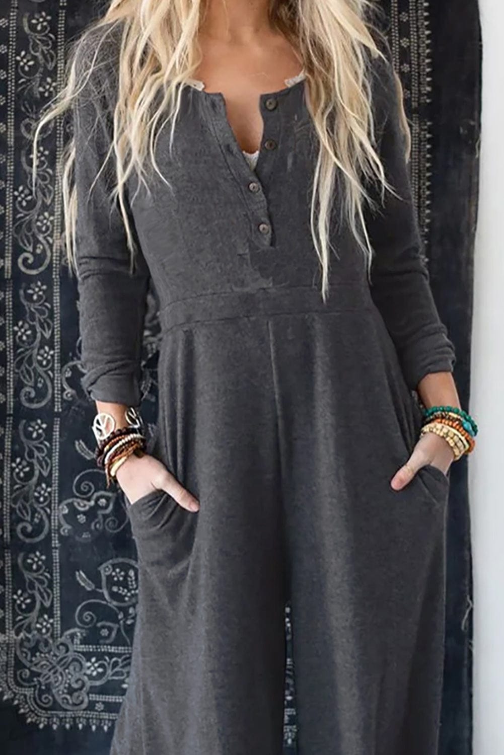 Gray Knit Wide Leg Jumpsuit with Button Detail
