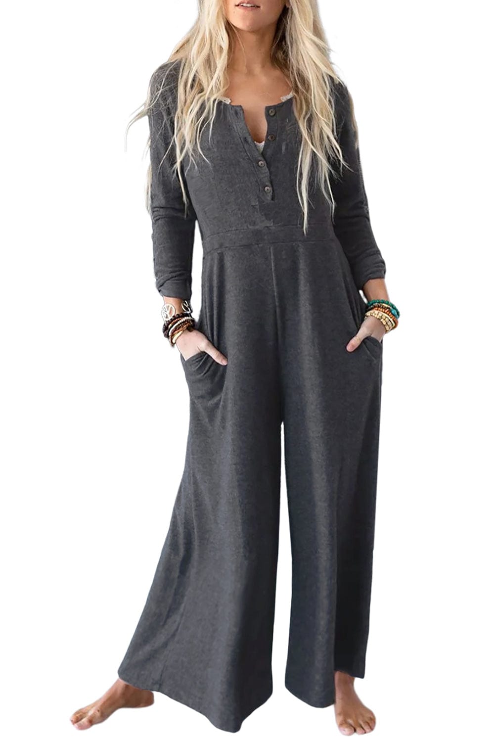 Gray Knit Wide Leg Jumpsuit with Button Detail
