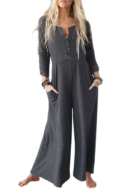 Gray Knit Wide Leg Jumpsuit with Button Detail