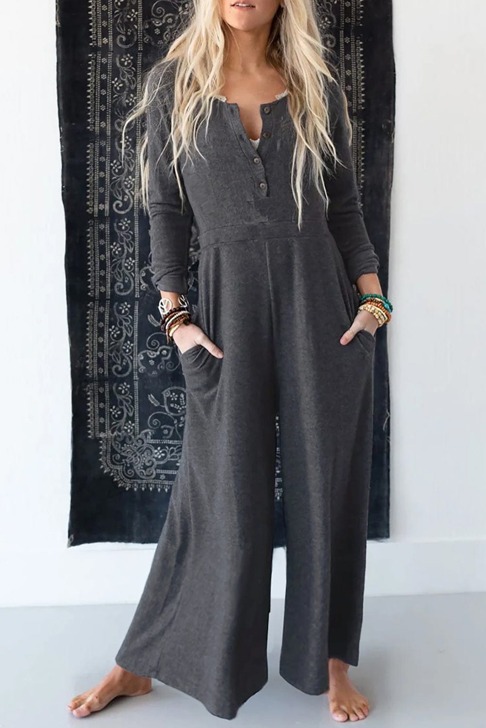Gray Knit Wide Leg Jumpsuit with Button Detail